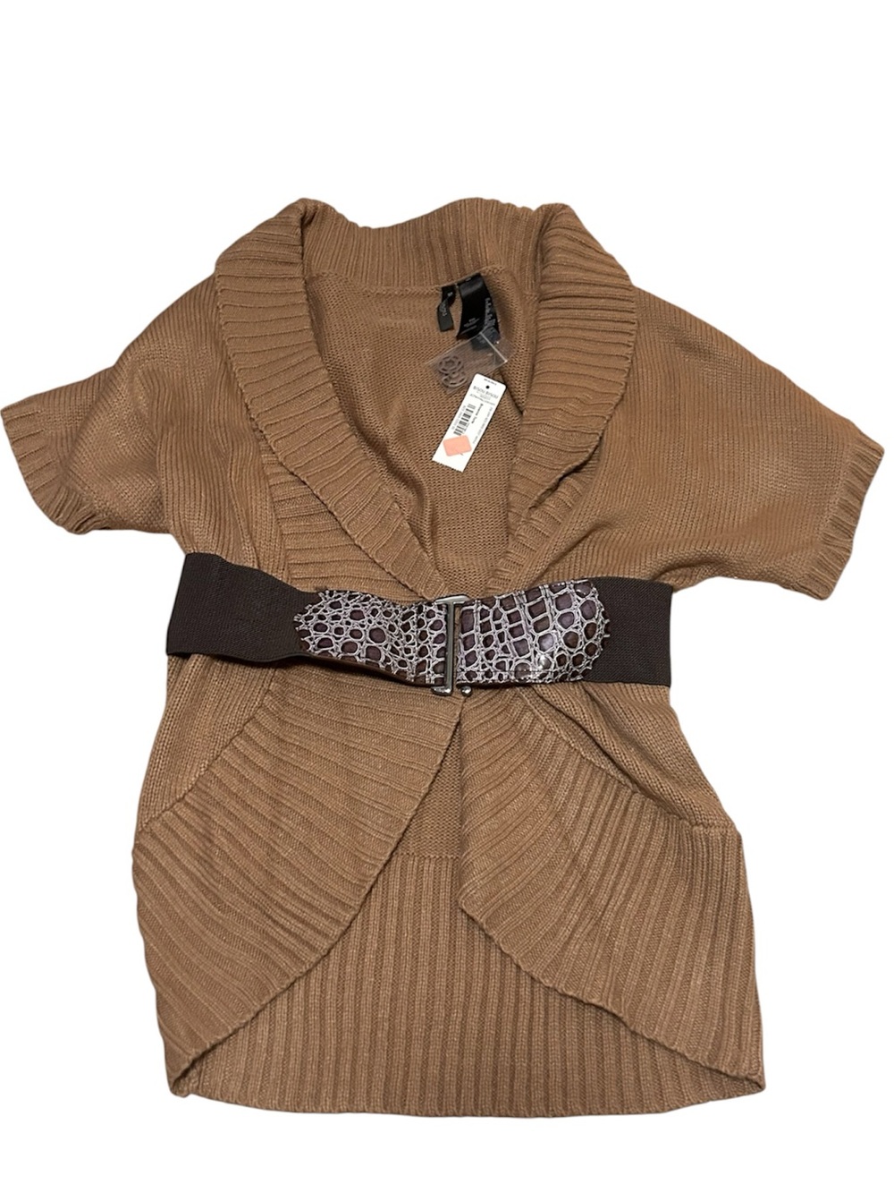 NWT VTG Y2K Bisou Bisou Tan Ribbed Knit Short Sleeve Cardigan Sweater w/ Belt SM